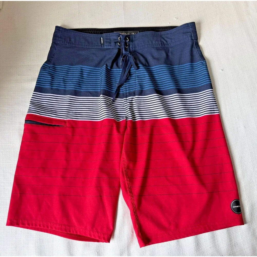 O'Neill Hyperfreak Board Shorts Mens Size 29 Red Blue Striped Surf Swim Trunks